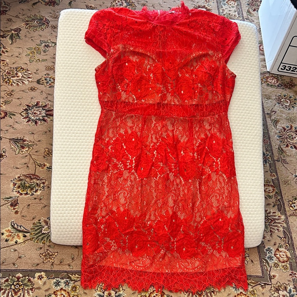 Red Lace Dress with Nude Lining- sz Large